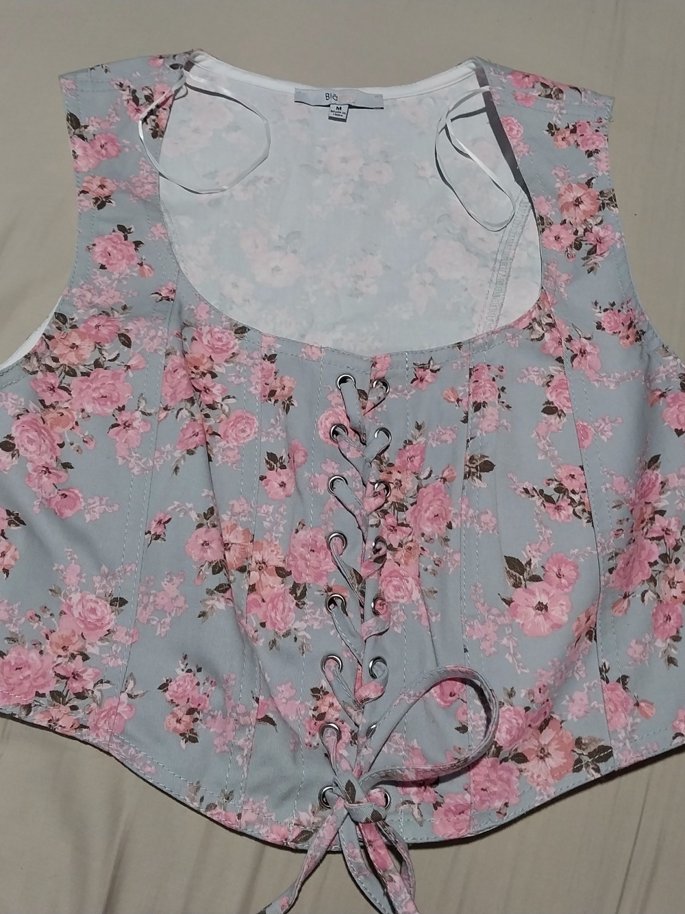 Floral Lace-Up Corset Crop Top — Pink Roses on Light Gray
